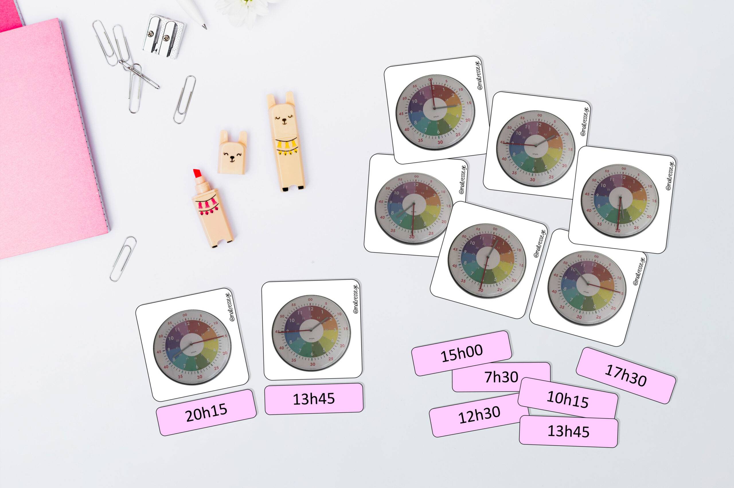 jeu de cartes à associer avec horloge et écriture chiffrée de l'heure pour apprendre l'heure en s'amusant
